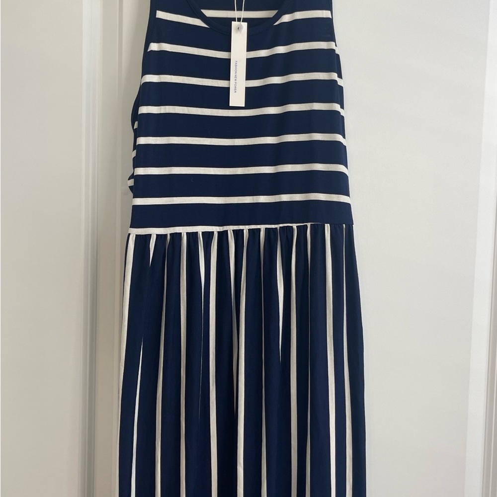 Navy and White Striped Sleeveless Dress by Euovmy